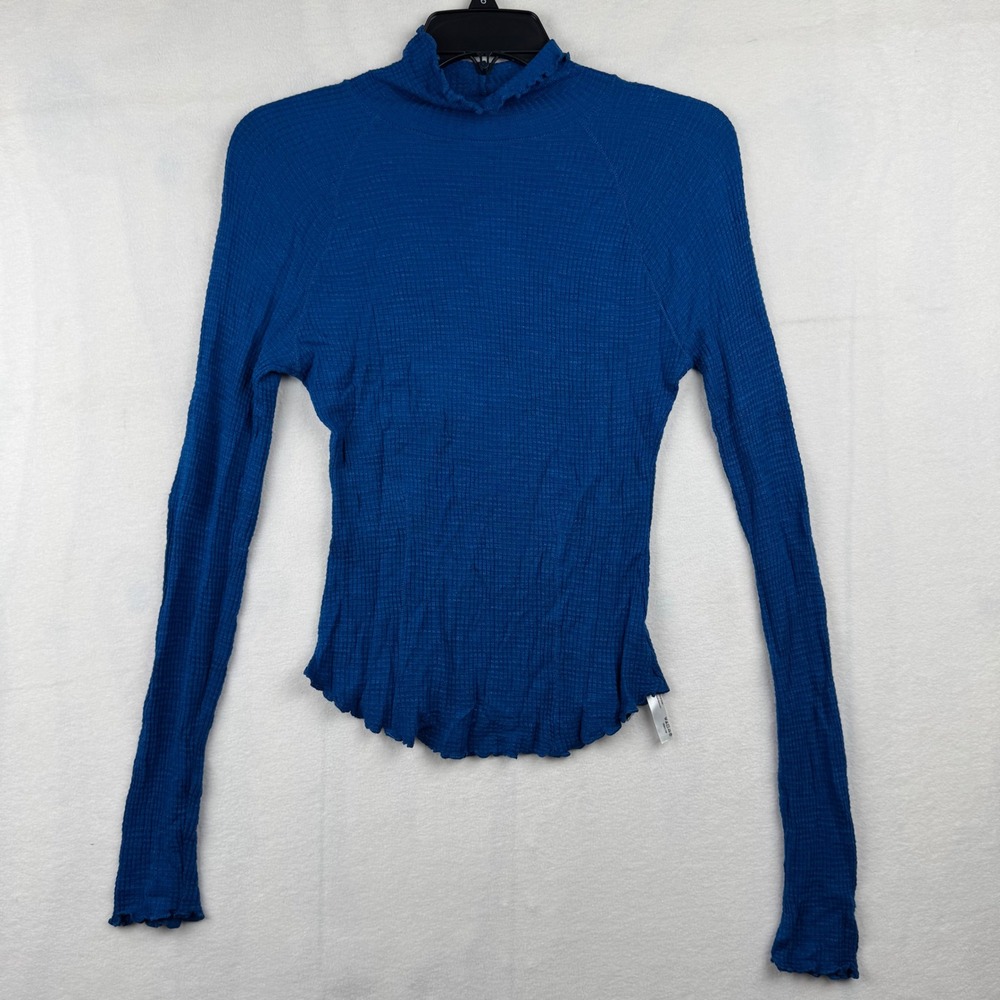 Free People Thermal Top Ruffle Trim Mock Neck Long Sleeve‎ Blue Women SP